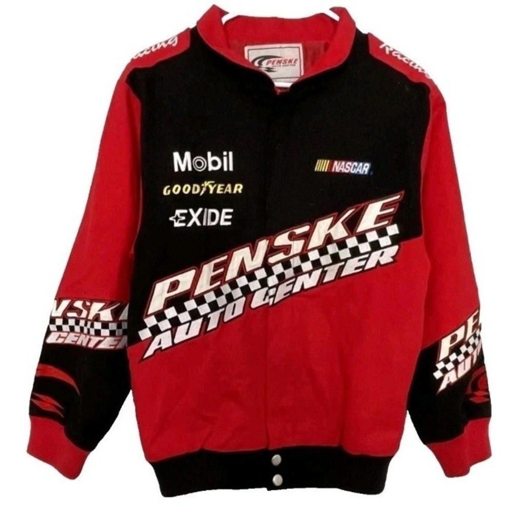 Vintage Penske Auto Center NASCAR Racing Jacket Mens L Mobil Goodyear Exide Red